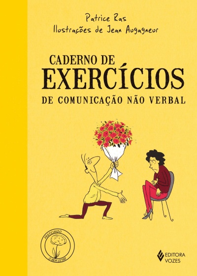Capa amarela de livro Caderno de Exercícios de Comunicação Não Verbal com ilustração de duas pessoas e flores vermelhas.