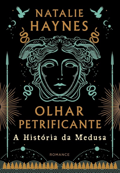 Capa do livro Olhar Petrificante com ilustração da Medusa e texto em dourado e azul-turquesa