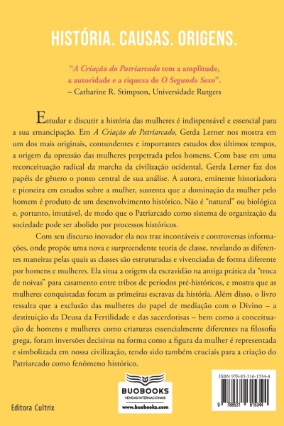 Contracapa de livro amarelo com texto sobre história do patriarcado e dados editoriais.