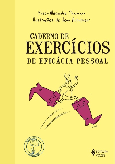 Capa de livro amarelo com título e ilustração de figura saltando com botas roxas
