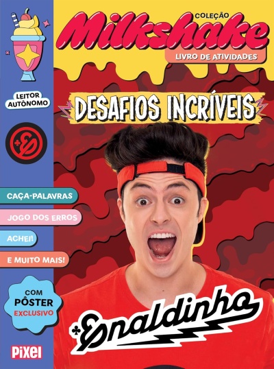 Capa de livro de atividades colorida com texto e imagem de homem jovem com viseira e camisa vermelha