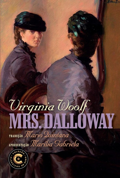 Capa do livro Mrs. Dalloway com mulher de chapéu preto refletida em espelho