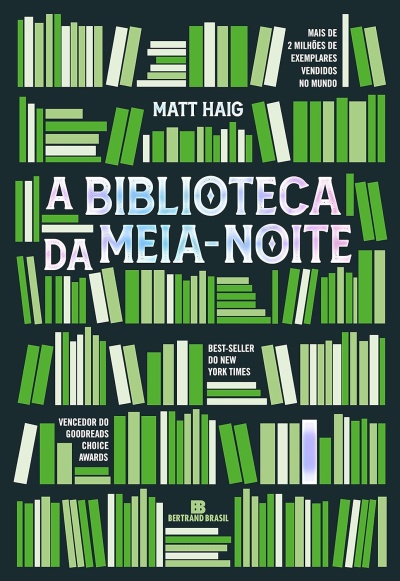 Capa do livro A Biblioteca da Meia-Noite com ilustrações de livros verdes e texto em branco e tons pastéis
