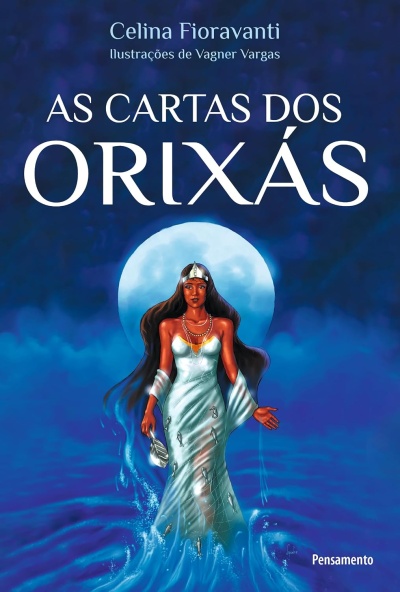Capa de livro As Cartas dos Orixás com ilustrações de Vagner Vargas e mulher no vestido branco