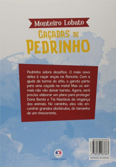 Contracapa do livro Caçadas de Pedrinho de Monteiro Lobato com texto e código de barras