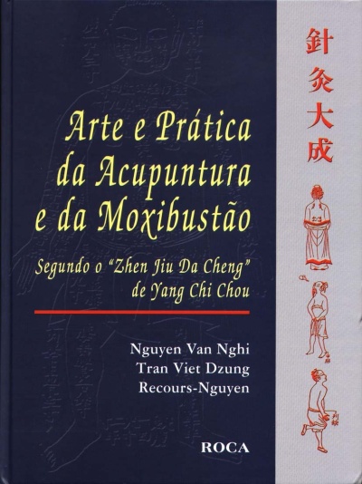 Capa de livro com título e autores sobre acupuntura e moxibustão, com ilustrações humanas e caracteres asiáticos.
