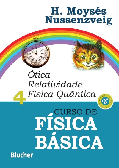 Capa de livro Curso de Física Básica com arco-íris, relógio e gato