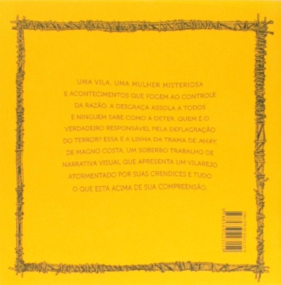 Capa traseira amarela de livro com texto e moldura de arame farpado.