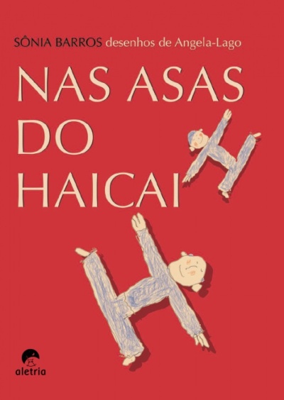 Capa de livro vermelha com texto e desenhos de bonecos em azul.
