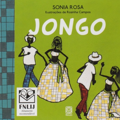 Capa de livro verde com ilustrações e texto JONGO