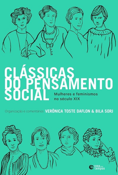 Capa de livro verde com ilustrações de mulheres e texto sobre feminismos no século XIX