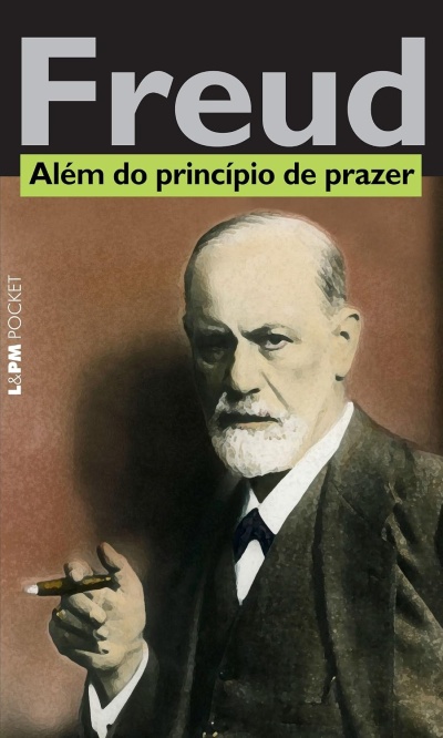 Capa de livro Freud Além do princípio de prazer com imagem estilizada de homem segurando charuto