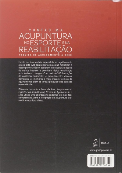 Capa traseira do livro Acupuntura no Esporte e na Reabilitação com texto explicativo e código de barras