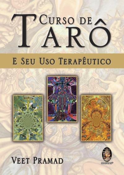 Capa de livro Curso de Tarô com cartas e título em fundo decorativo