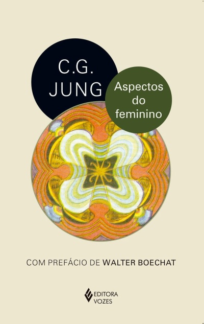 Capa de livro Aspectos do feminino de C.G. Jung com elementos coloridos e texto em português