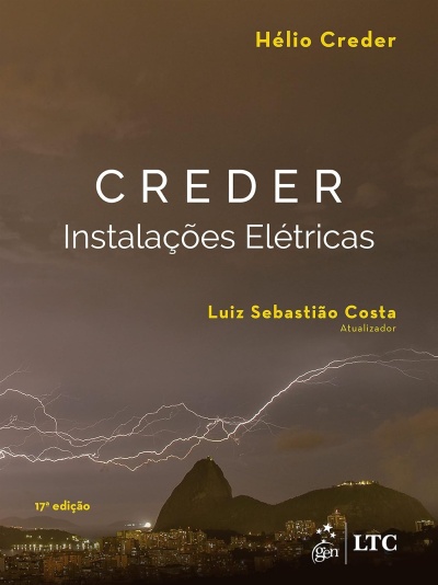 Capa de livro CRENDER Instalações Elétricas com relâmpagos sobre cidade à noite
