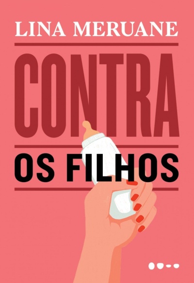Capa de livro rosa com texto e mão segurando biberão branco.