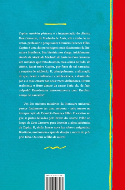 Verso de livro com texto em português, fundo azul com borda vermelha e amarela