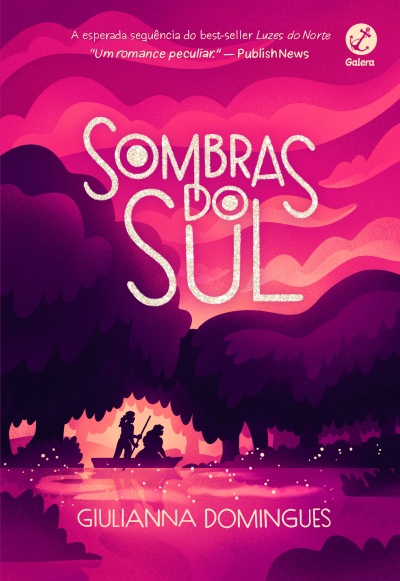 Capa de livro Sombras do Sul em tons rosa e roxo com ilustração de duas pessoas num barco