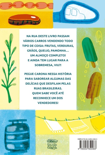 Ilustrações de alimentos e objetos com texto em português e código de barras