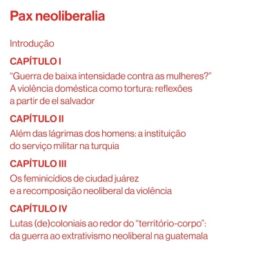 Texto em vermelho com título Pax neoliberalia e capítulos listados