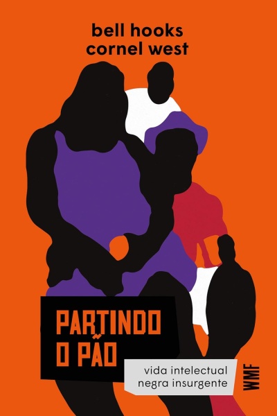 Capa de livro laranja com silhuetas pretas e roxas e texto em português