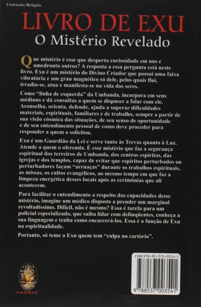 Capa traseira de livro preto com texto em português e título vermelho LIVRO DE EXU O Mistério Revelado