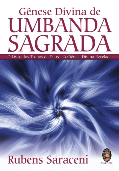 Capa de livro com título Gênese Divina de UMBANDA SAGRADA e design abstrato azul