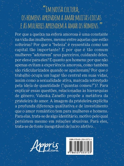 Contracapa de livro azul com texto amarelo e branco, logo Appris editora e código de barras