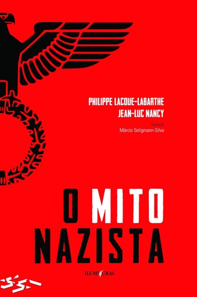Capa de livro vermelha com texto em preto e branco e símbolo negro de águia estilizada.