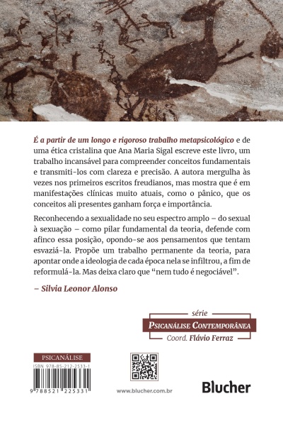 Capa traseira de livro com texto, ilustração de arte rupestre, código de barras e QR code.