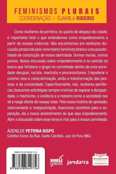 Contra capa do livro Feminismos Plurais com texto em português e informações editoriais