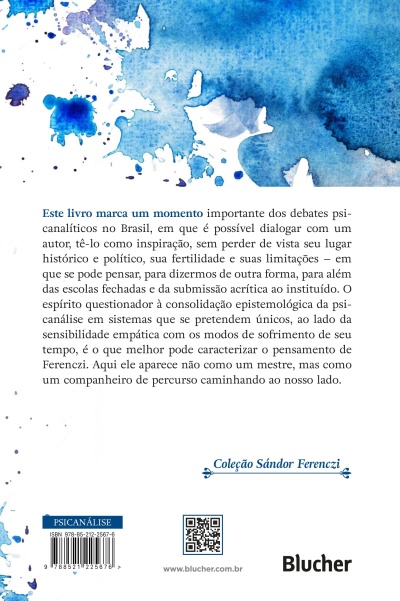Contracapa de livro com manchas azuis e texto em português sobre psicanálise