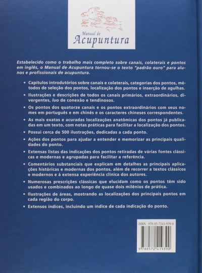 Capa traseira de livro azul Manual de Acupuntura com texto e código ISBN.
