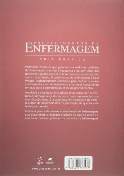 Capa traseira de livro rosa com texto branco sobre enfermagem