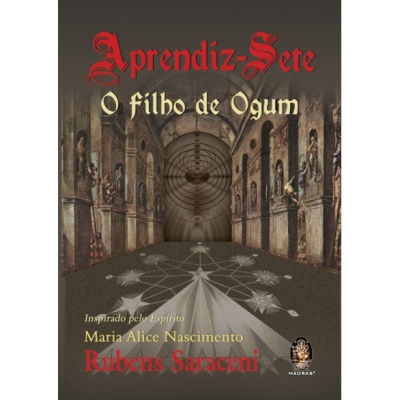 Capa de livro Aprendiz-Sete O filho de Ogum com elementos arquitetónicos e texto em vermelho e amarelo