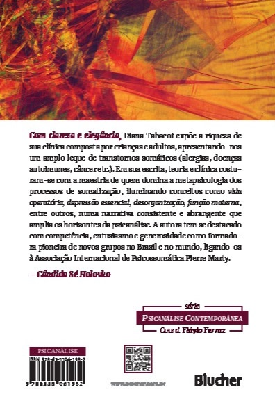 Verso do livro com texto sobre psicanálise, código ISBN, código de barras, QR code e logotipo da editora Blucher com padrão abstrato colorido