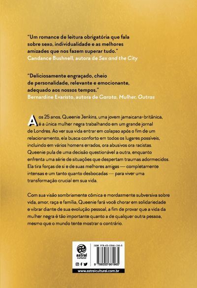 Contracapa de livro com texto em português sobre a personagem Queenie Jenkins e citações de autoras, fundo dourado.