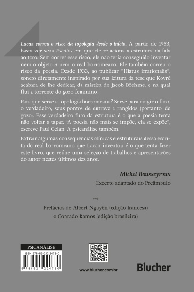 Contracapa de livro com texto em português, código de barras, QR code e logótipo Blucher em fundo cinzento.