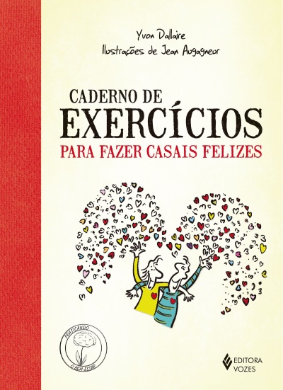 Capa de livro Caderno de Exercícios para Fazer Casais Felizes com ilustração de casal e corações coloridos