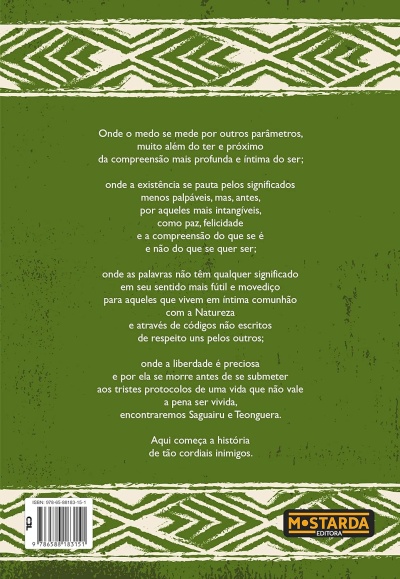 Contracapa de livro verde com texto em português e padrão geométrico branco e verde
