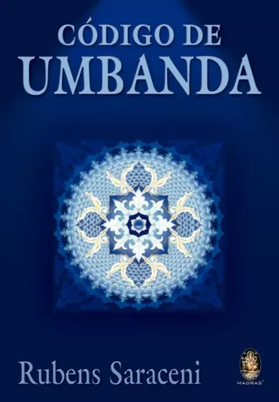 Capa de livro Código de Umbanda com mandala azul e título em azul sobre fundo escuro