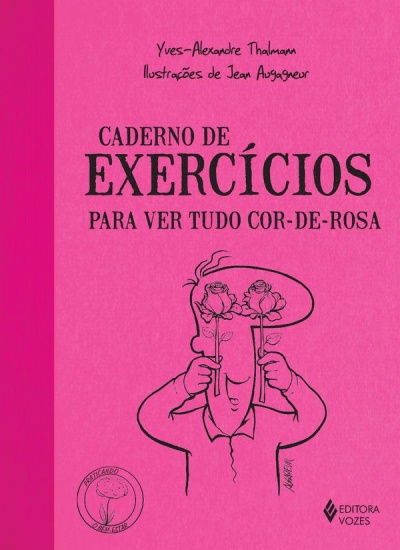 Capa de livro cor-de-rosa com título em preto e desenho de pessoa segurando rosas nos olhos.