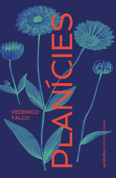 Capa de livro azul escura com flores azuis e verdes e texto vermelho