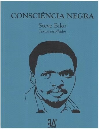 Capa do livro CONSCIÊNCIA NEGRA de Steve Biko com desenho de rosto masculino sobre fundo azul