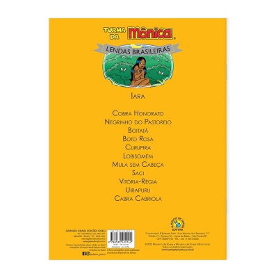 Capa traseira de livro amarelo com texto e ilustração da Turma da Mônica