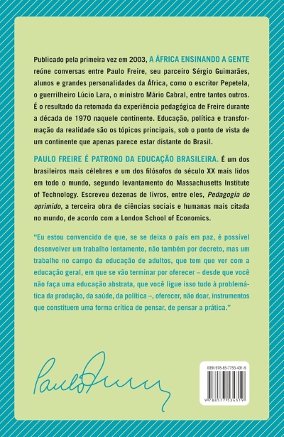 Contracapa de livro verde claro com texto em português, borda azul com riscas brancas, código ISBN e assinatura.
