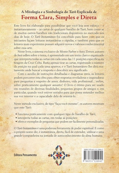 Verso de livro do Tarô com texto explicativo em português e fundo bege texturizado