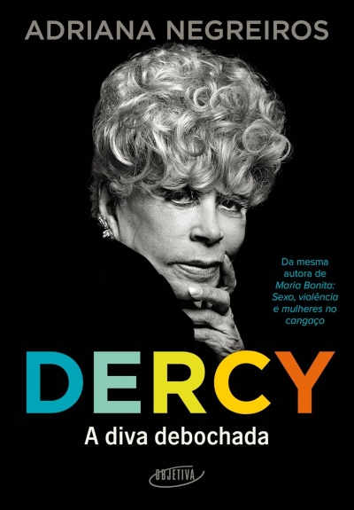 Capa de livro com fotografia em preto e branco de uma pessoa e texto colorido sobre fundo preto.