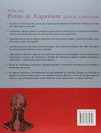 Contracapa de livro sobre acupuntura com texto explicativo e ilustração anatómica da cabeça e pescoço e fundo vermelho